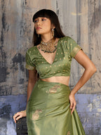Monjolika Fashion Olive Green Satin Weaving Silk Blend Saree With Elegant Golden Pallu | Grocsy