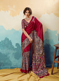 Monjolika Fashion Ajrakh Red Faux Satin Printed Saree With Ethnic Motif | Grocsy