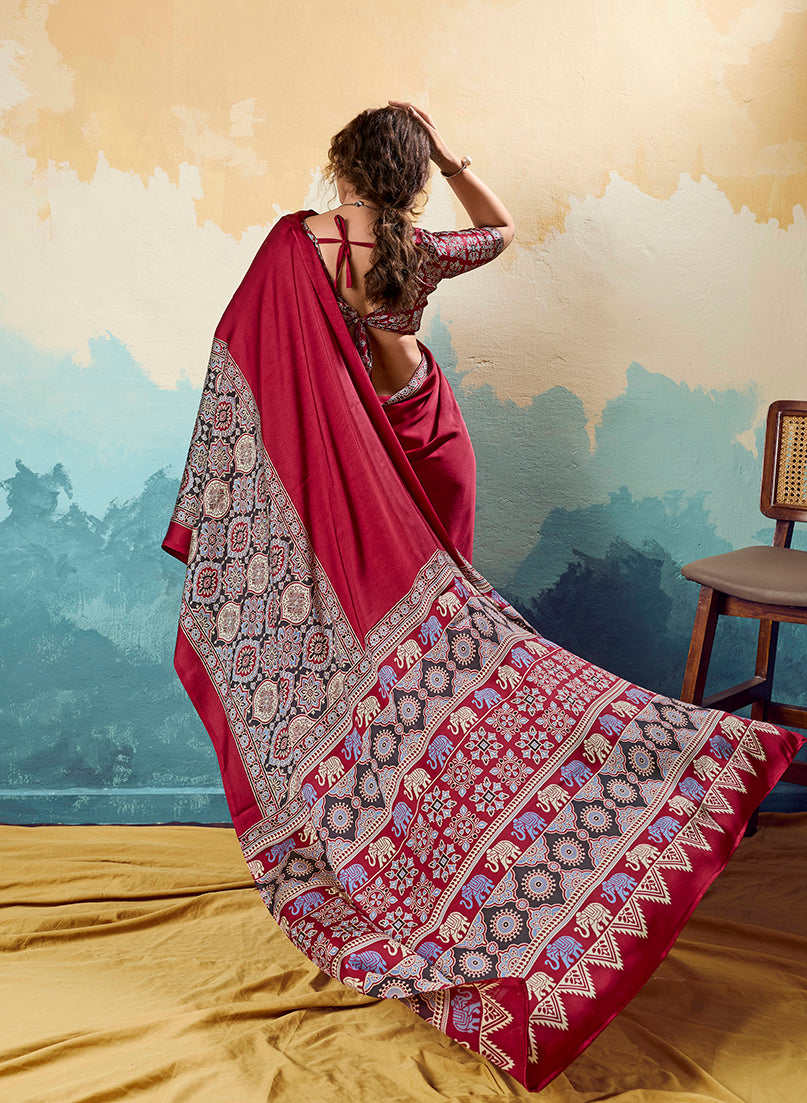 Monjolika Fashion Ajrakh Red Faux Satin Printed Saree With Ethnic Motif | Grocsy