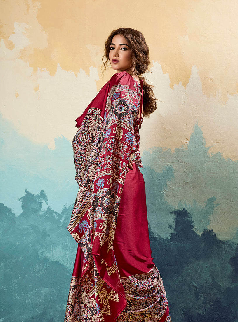 Monjolika Fashion Ajrakh Red Faux Satin Printed Saree With Ethnic Motif | Grocsy