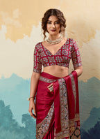 Monjolika Fashion Ajrakh Red Faux Satin Printed Saree With Ethnic Motif | Grocsy