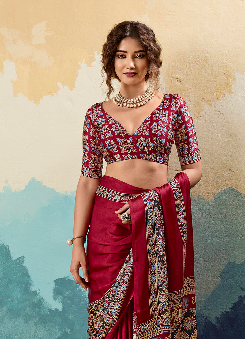Monjolika Fashion Ajrakh Red Faux Satin Printed Saree With Ethnic Motif | Grocsy