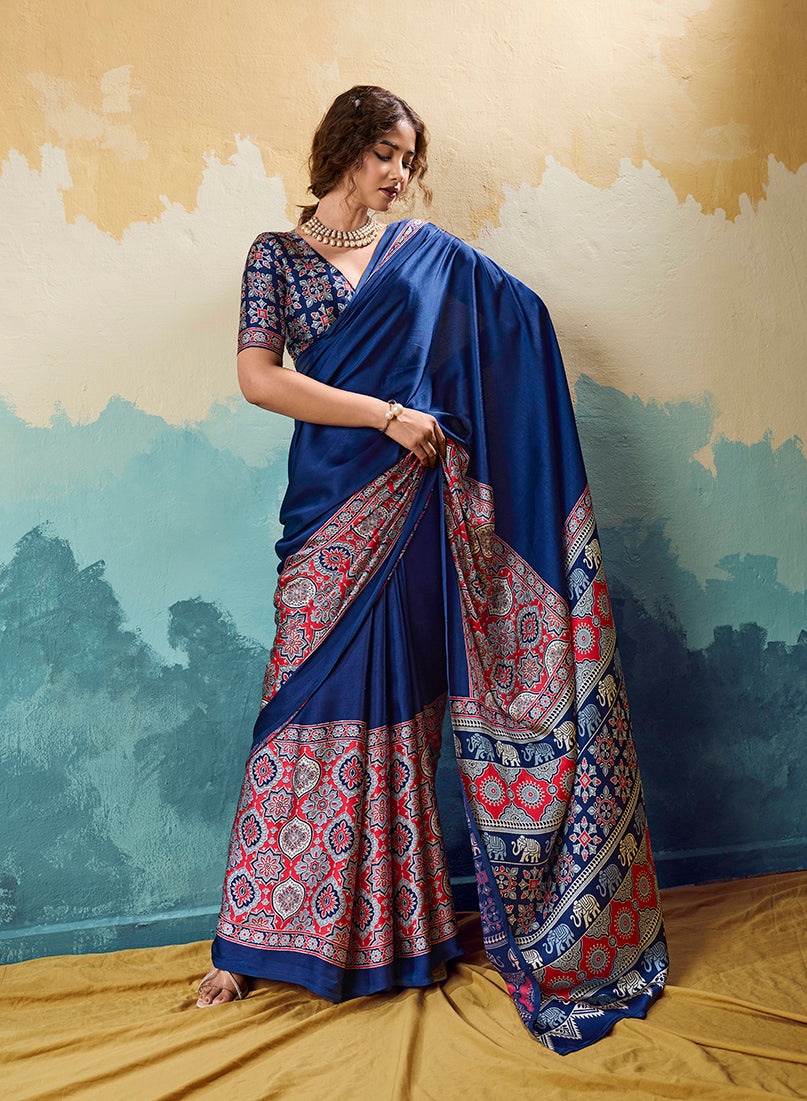 Monjolika Fashion Ajrakh Navy Blue Faux Satin Printed Saree With Ethnic Motif | Grocsy