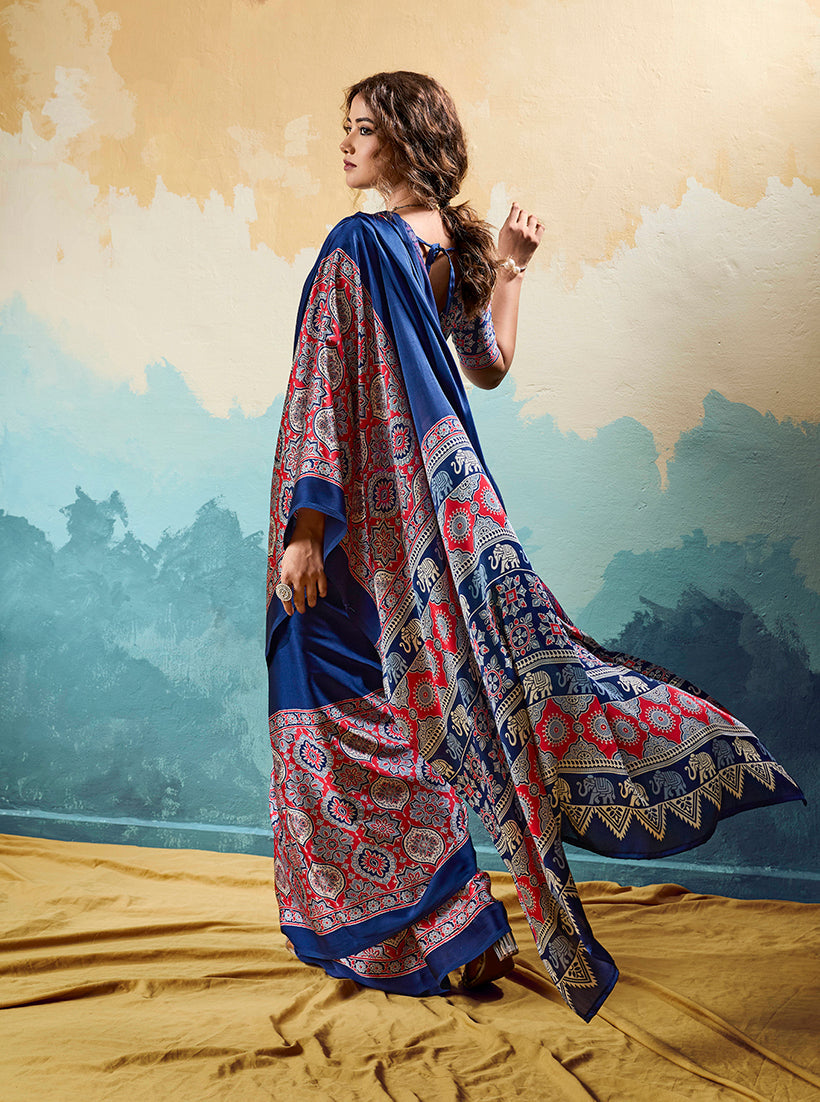 Monjolika Fashion Ajrakh Navy Blue Faux Satin Printed Saree With Ethnic Motif | Grocsy