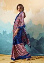 Monjolika Fashion Ajrakh Navy Blue Faux Satin Printed Saree With Ethnic Motif | Grocsy