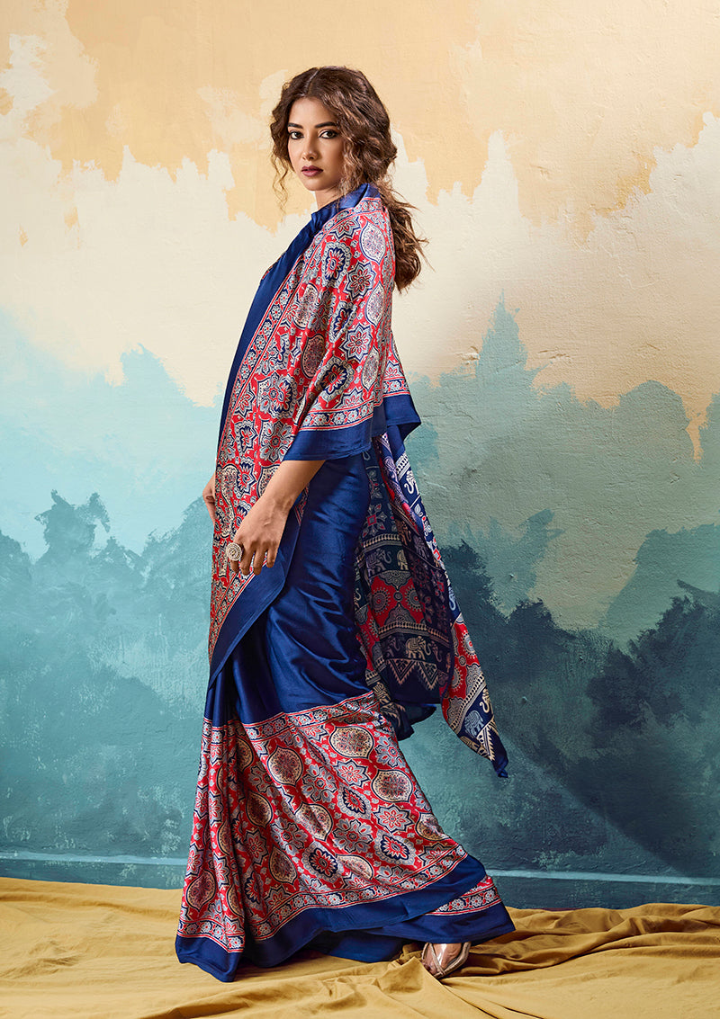 Monjolika Fashion Ajrakh Navy Blue Faux Satin Printed Saree With Ethnic Motif | Grocsy