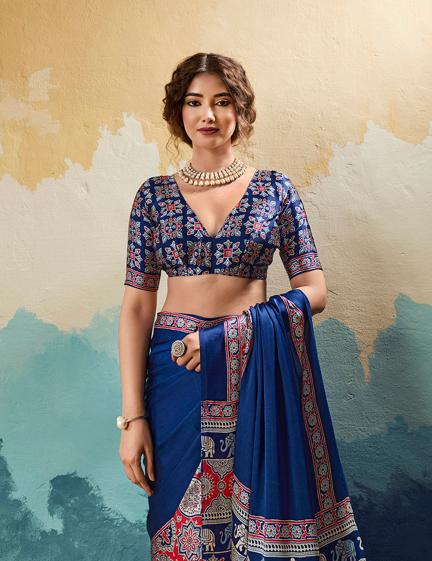 Monjolika Fashion Ajrakh Navy Blue Faux Satin Printed Saree With Ethnic Motif | Grocsy