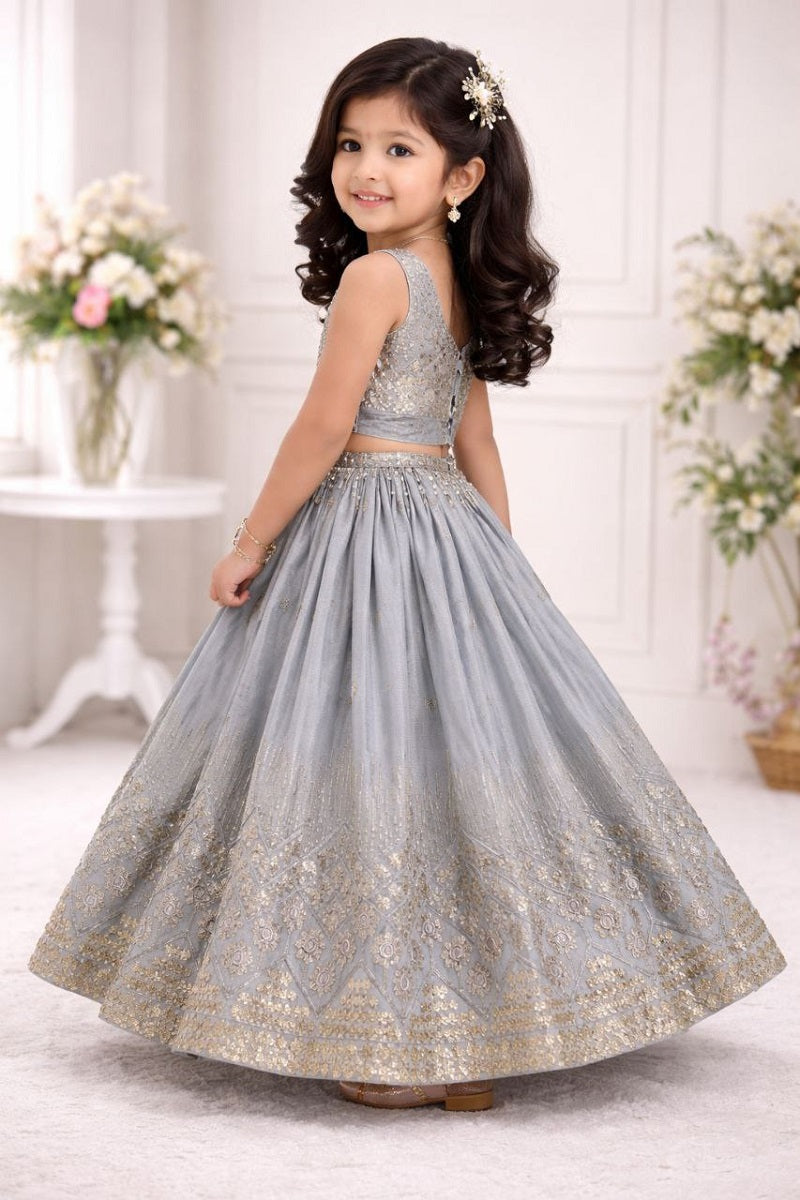 Evanik Grey Georgette Embroidered Work Wedding Kids Lehenga Choli | Grocsy