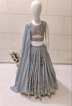 Evanik Grey Georgette Embroidered Work Wedding Kids Lehenga Choli | Grocsy