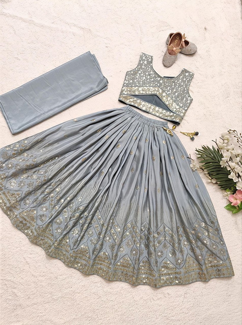 Evanik Grey Georgette Embroidered Work Wedding Kids Lehenga Choli | Grocsy