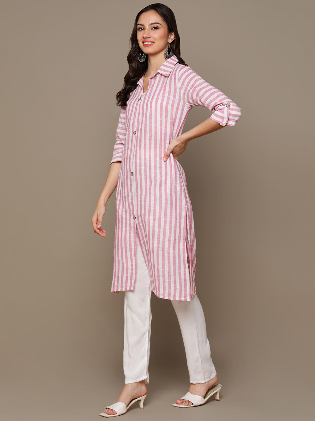 HERE&NOW Pink & White Shirt Collar Roll-Up Sleeves Striped Pure Cotton Straight Kurta | Grocsy