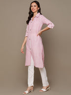 HERE&NOW Pink & White Shirt Collar Roll-Up Sleeves Striped Pure Cotton Straight Kurta | Grocsy