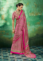 Monjolika Fashion Ajrakh Hot Pink Faux Satin Printed Saree | Grocsy