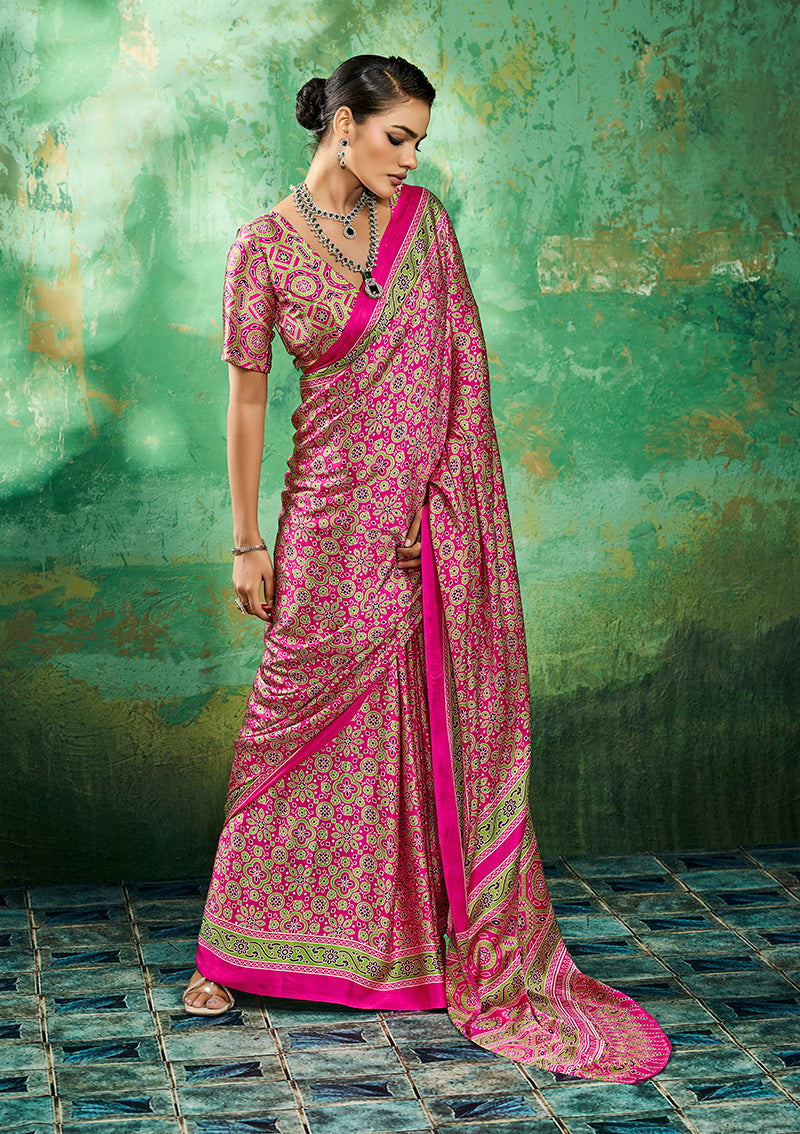 Monjolika Fashion Ajrakh Hot Pink Faux Satin Printed Saree | Grocsy