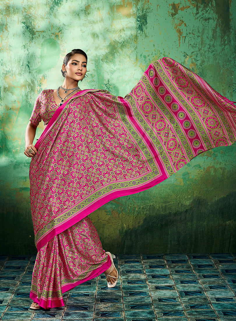 Monjolika Fashion Ajrakh Hot Pink Faux Satin Printed Saree | Grocsy