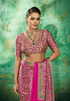Monjolika Fashion Ajrakh Hot Pink Faux Satin Printed Saree | Grocsy