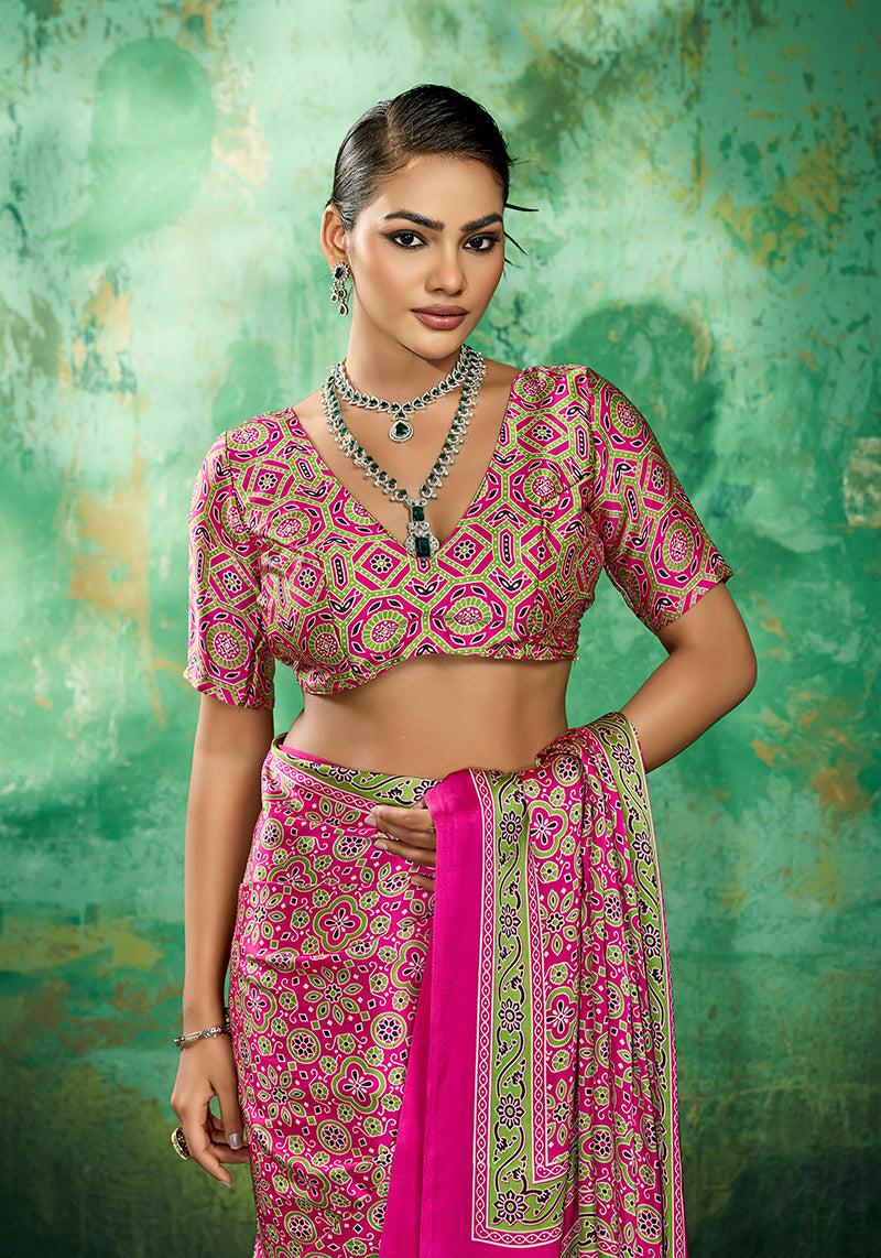 Monjolika Fashion Ajrakh Hot Pink Faux Satin Printed Saree | Grocsy