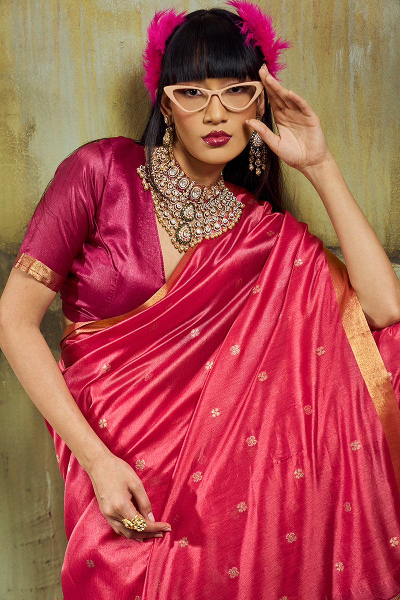 Monjolika Fashion Pink Weaving Faux Tussar Silk Saree With Zari Woven Pallu | Grocsy