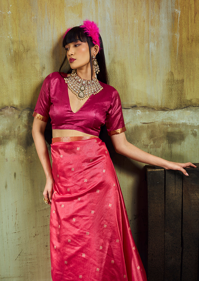 Monjolika Fashion Pink Weaving Faux Tussar Silk Saree With Zari Woven Pallu | Grocsy