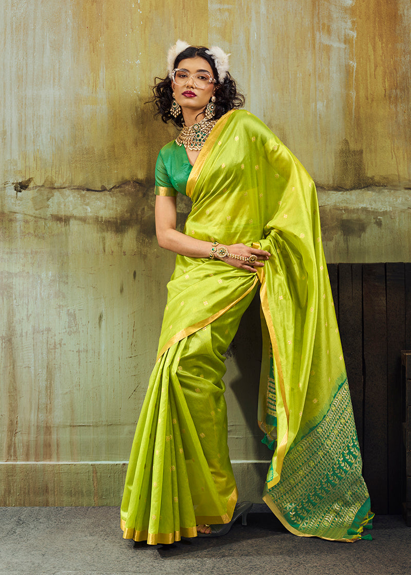 Monjolika Fashion Parrot Green Weaving Faux Tussar Silk Saree With Zari Woven Pallu | Grocsy
