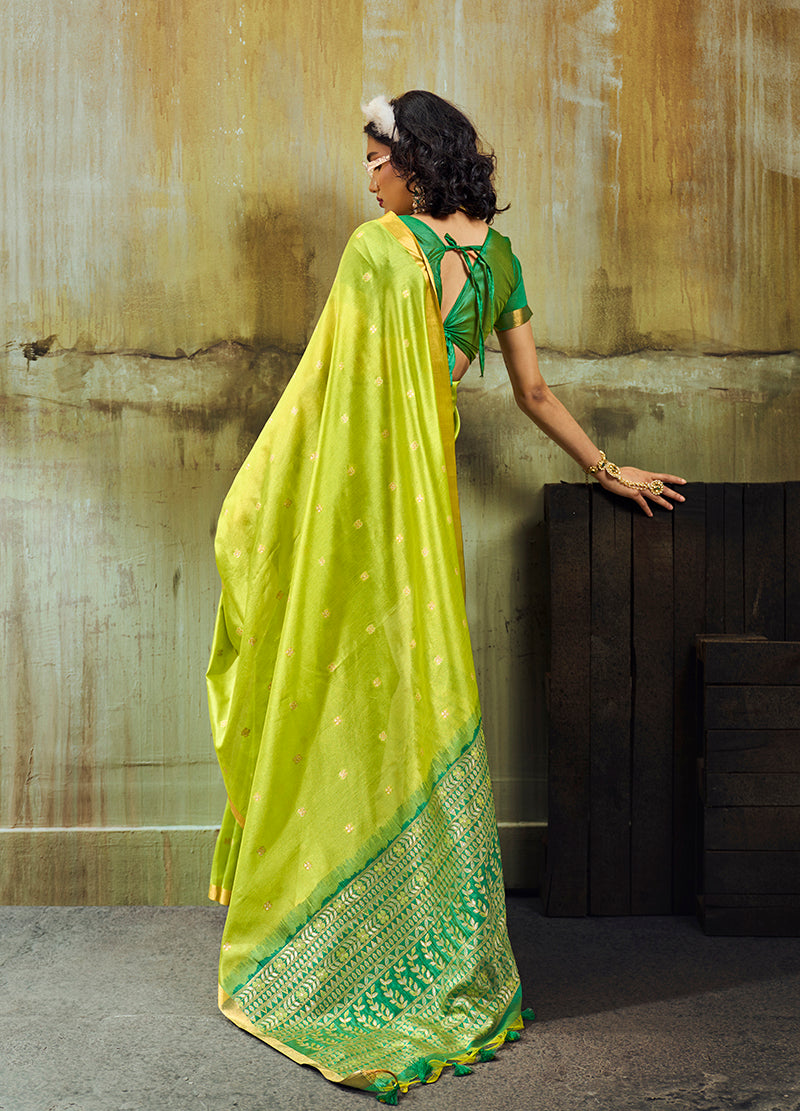 Monjolika Fashion Parrot Green Weaving Faux Tussar Silk Saree With Zari Woven Pallu | Grocsy