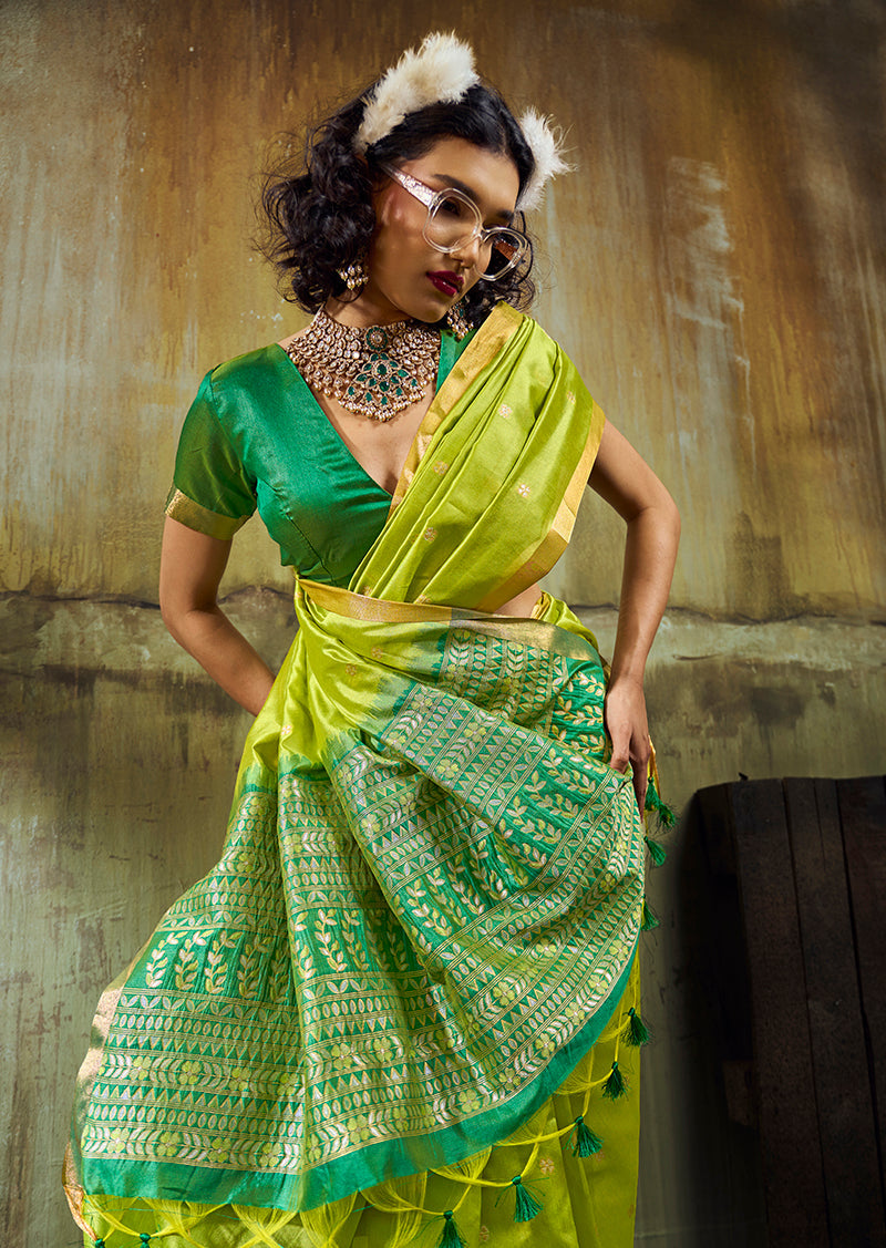 Monjolika Fashion Parrot Green Weaving Faux Tussar Silk Saree With Zari Woven Pallu | Grocsy