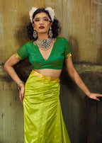 Monjolika Fashion Parrot Green Weaving Faux Tussar Silk Saree With Zari Woven Pallu | Grocsy