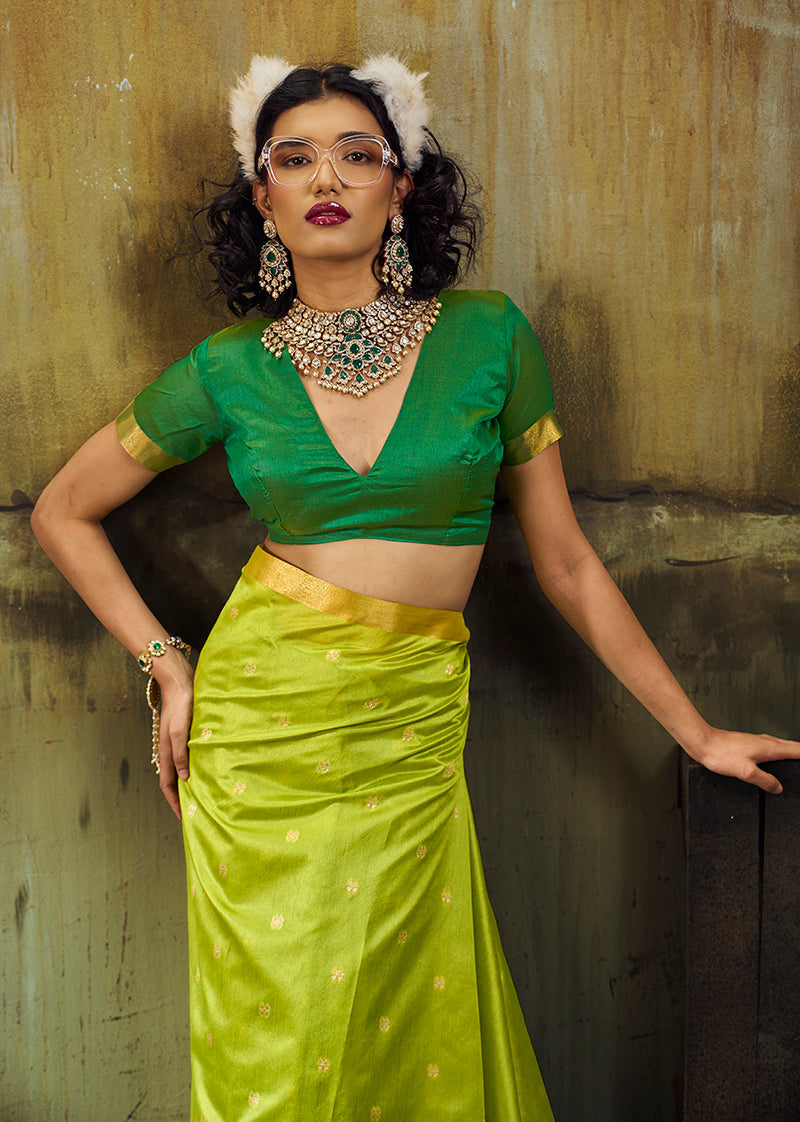 Monjolika Fashion Parrot Green Weaving Faux Tussar Silk Saree With Zari Woven Pallu | Grocsy