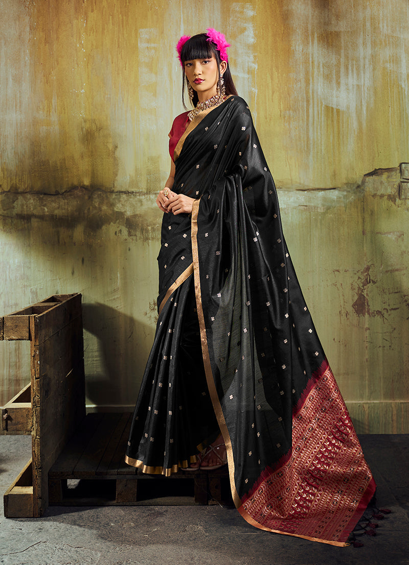 Monjolika Fashion Black Weaving Faux Tussar Silk Saree With Zari Woven Pallu | Grocsy