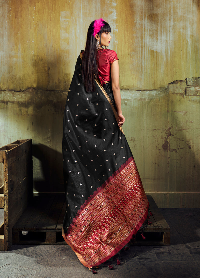Monjolika Fashion Black Weaving Faux Tussar Silk Saree With Zari Woven Pallu | Grocsy