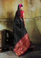 Monjolika Fashion Black Weaving Faux Tussar Silk Saree With Zari Woven Pallu | Grocsy