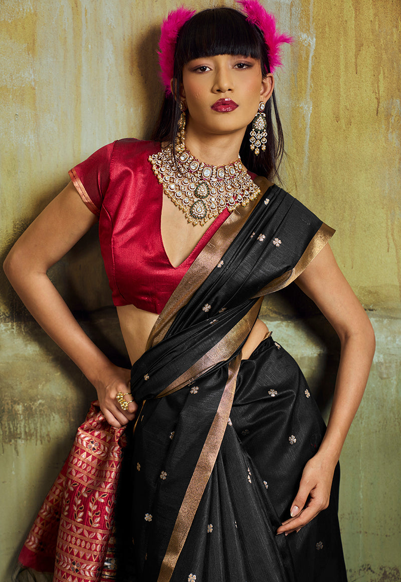 Monjolika Fashion Black Weaving Faux Tussar Silk Saree With Zari Woven Pallu | Grocsy
