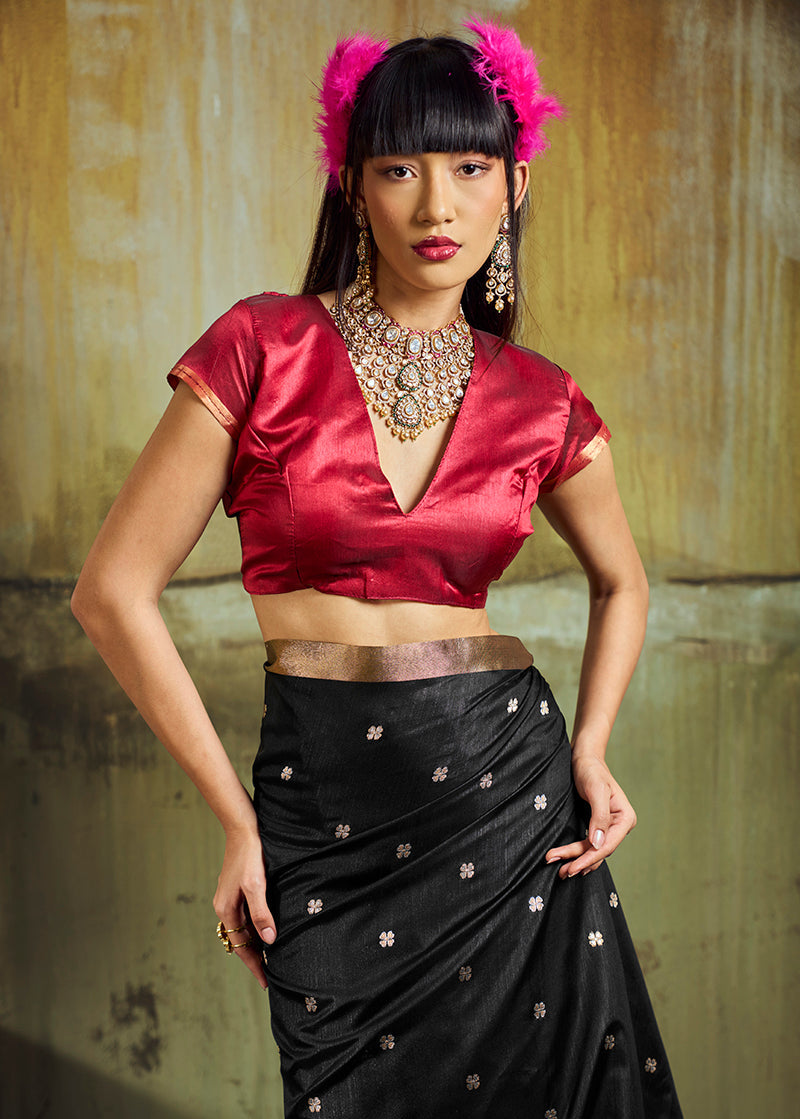 Monjolika Fashion Black Weaving Faux Tussar Silk Saree With Zari Woven Pallu | Grocsy