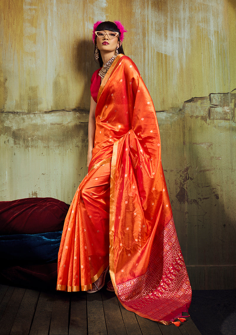 Monjolika Fashion Orange Weaving Faux Tussar Silk Saree With Zari Woven Pallu | Grocsy