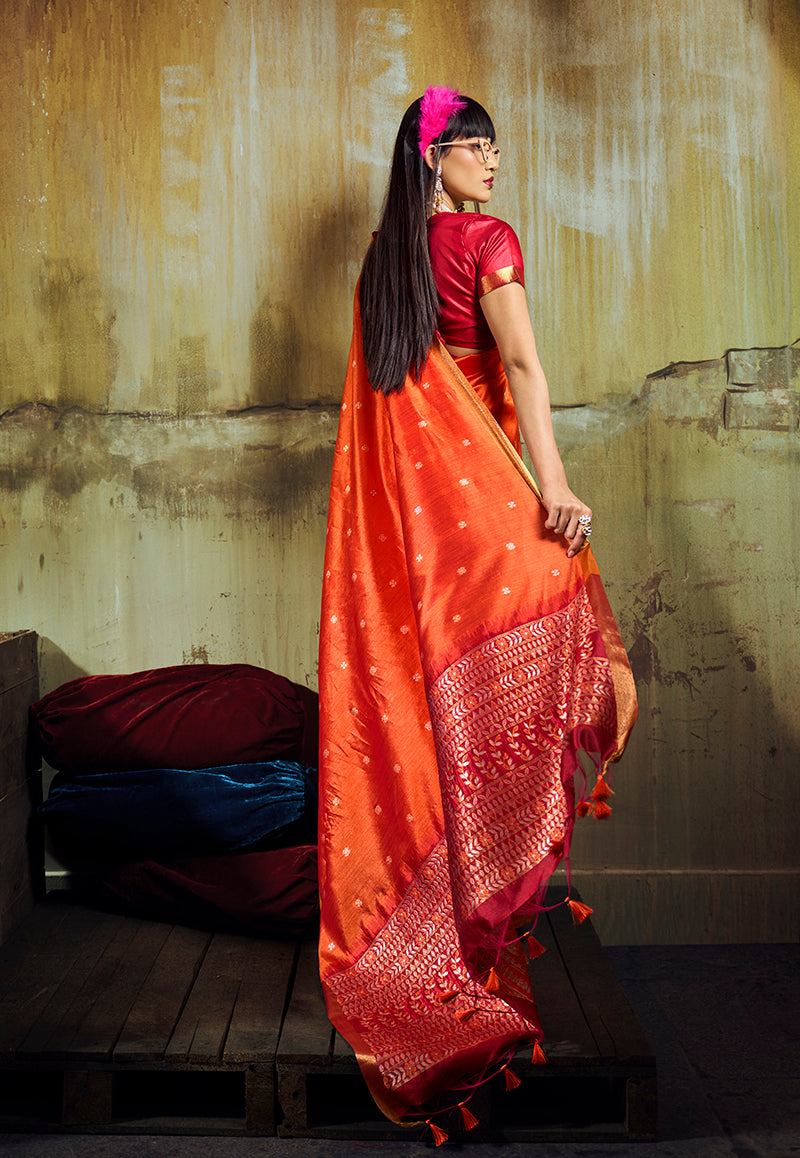 Monjolika Fashion Orange Weaving Faux Tussar Silk Saree With Zari Woven Pallu | Grocsy