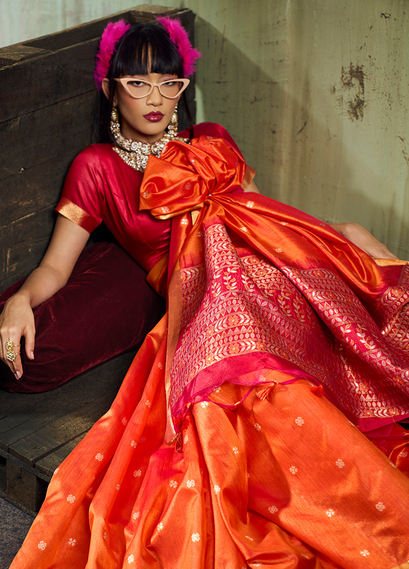 Monjolika Fashion Orange Weaving Faux Tussar Silk Saree With Zari Woven Pallu | Grocsy