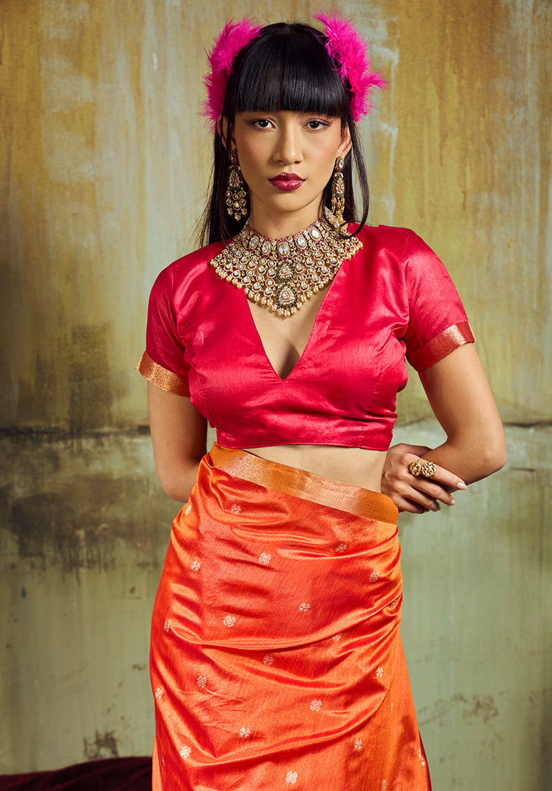 Monjolika Fashion Orange Weaving Faux Tussar Silk Saree With Zari Woven Pallu | Grocsy