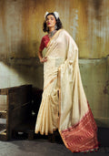 Monjolika Fashion Cream Weaving Faux Tussar Silk Saree With Zari Woven Pallu | Grocsy