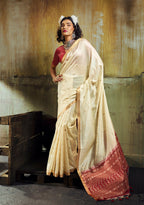 Monjolika Fashion Cream Weaving Faux Tussar Silk Saree With Zari Woven Pallu | Grocsy
