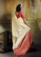 Monjolika Fashion Cream Weaving Faux Tussar Silk Saree With Zari Woven Pallu | Grocsy