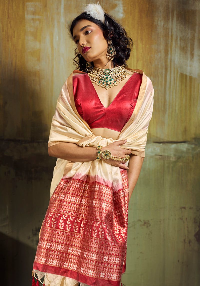 Monjolika Fashion Cream Weaving Faux Tussar Silk Saree With Zari Woven Pallu | Grocsy