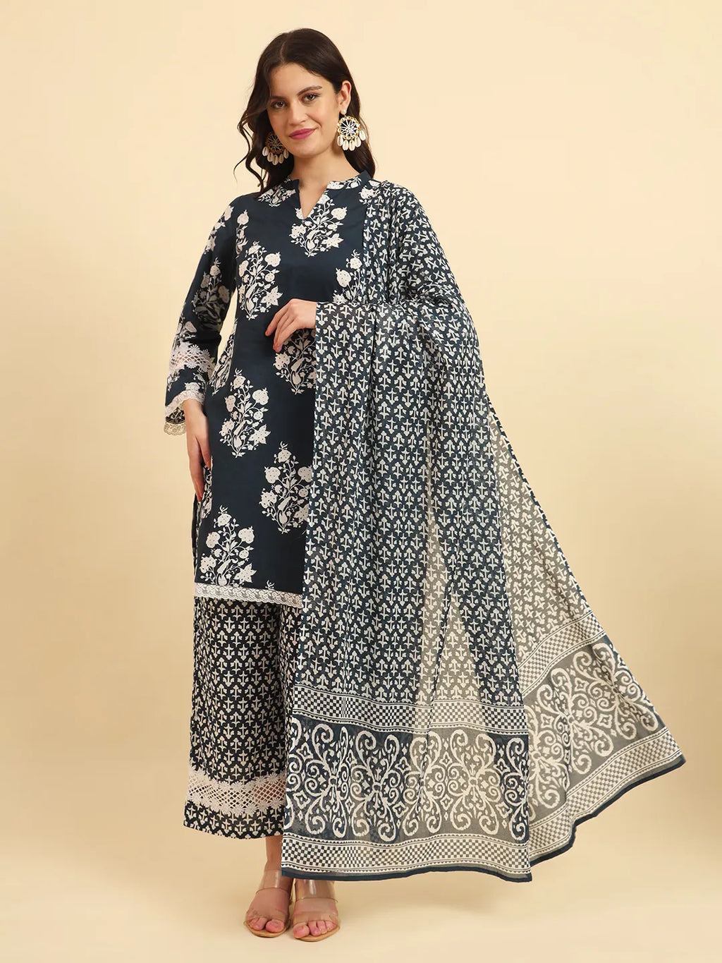 Yufta Pure Cotton Pakistani Style Kurta Set With Pant & Dupatta With Lace Detailing | Grocsy