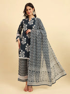 Yufta Pure Cotton Pakistani Style Kurta Set With Pant & Dupatta With Lace Detailing | Grocsy
