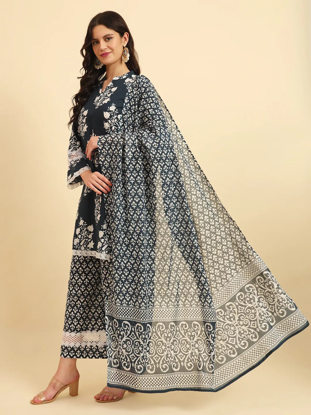 Yufta Pure Cotton Pakistani Style Kurta Set With Pant & Dupatta With Lace Detailing | Grocsy