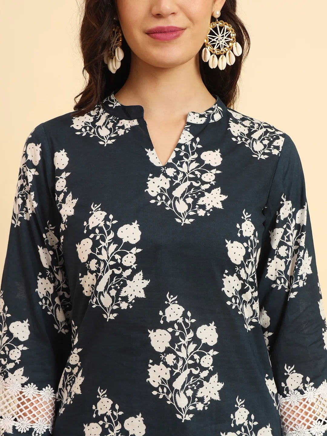 Yufta Pure Cotton Pakistani Style Kurta Set With Pant & Dupatta With Lace Detailing | Grocsy