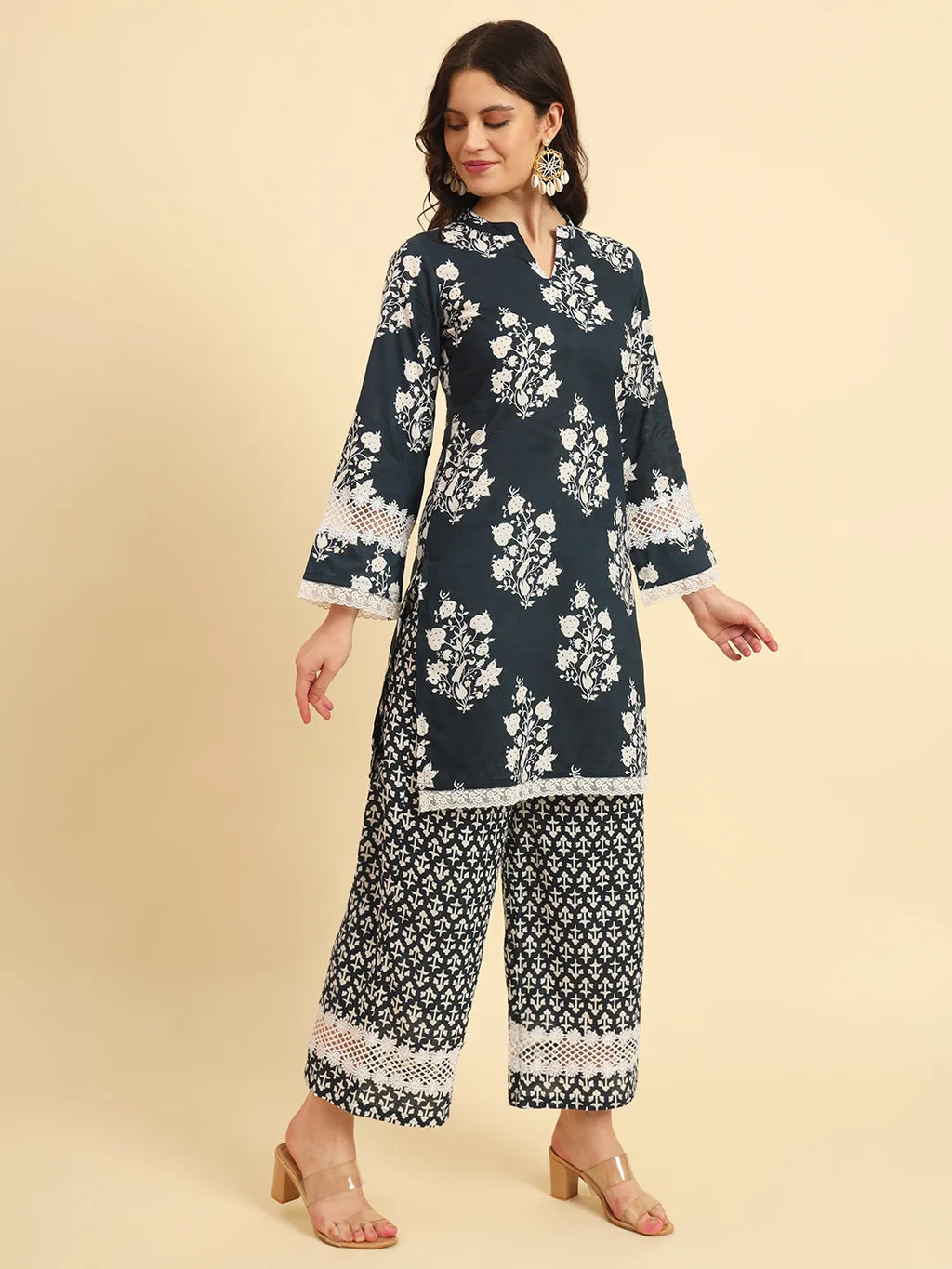 Yufta Pure Cotton Pakistani Style Kurta Set With Pant & Dupatta With Lace Detailing | Grocsy