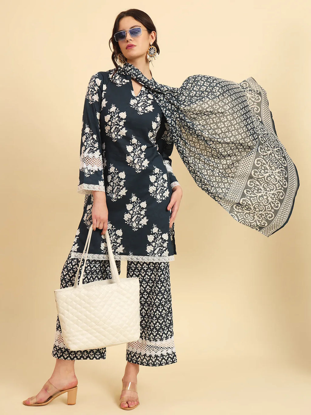 Yufta Pure Cotton Pakistani Style Kurta Set With Pant & Dupatta With Lace Detailing | Grocsy