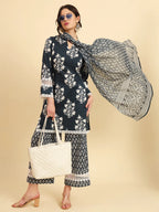 Yufta Pure Cotton Pakistani Style Kurta Set With Pant & Dupatta With Lace Detailing | Grocsy