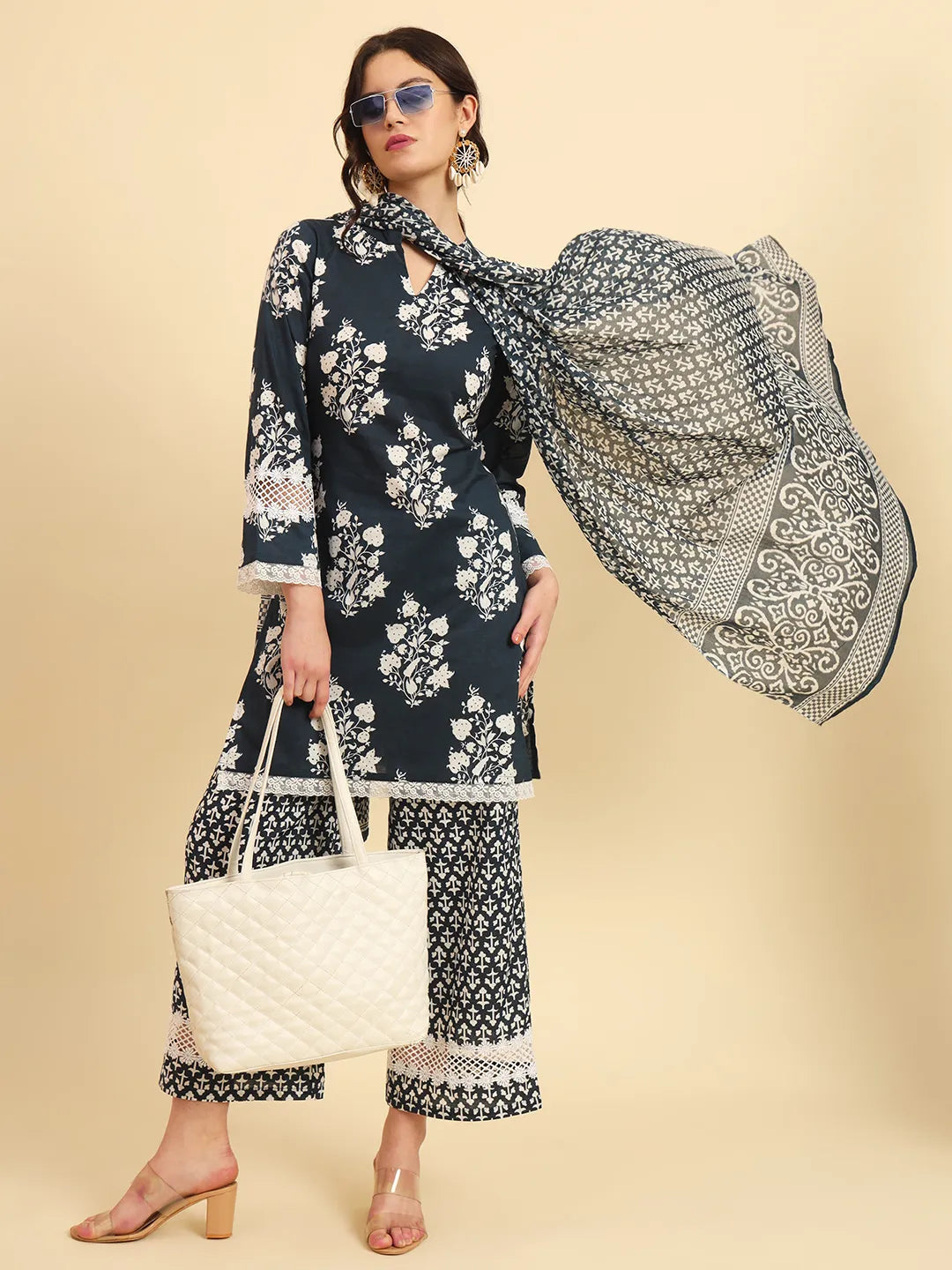 Yufta Pure Cotton Pakistani Style Kurta Set With Pant & Dupatta With Lace Detailing | Grocsy