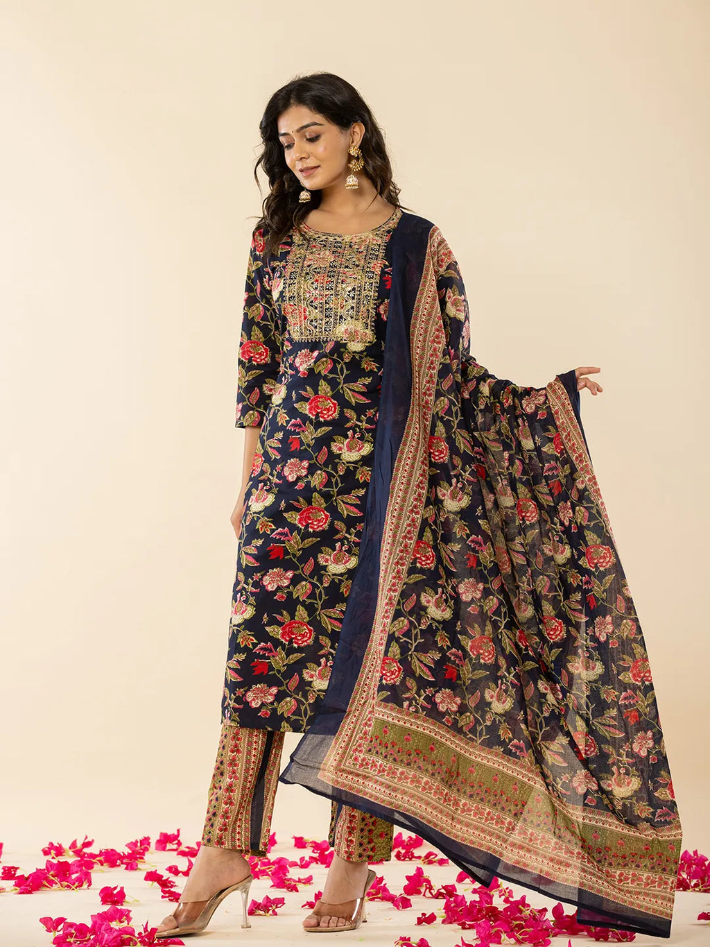 Yufta Navy Blue Floral Thread Work Pure Cotton Kurta Trousers With Dupatta Set | Grocsy
